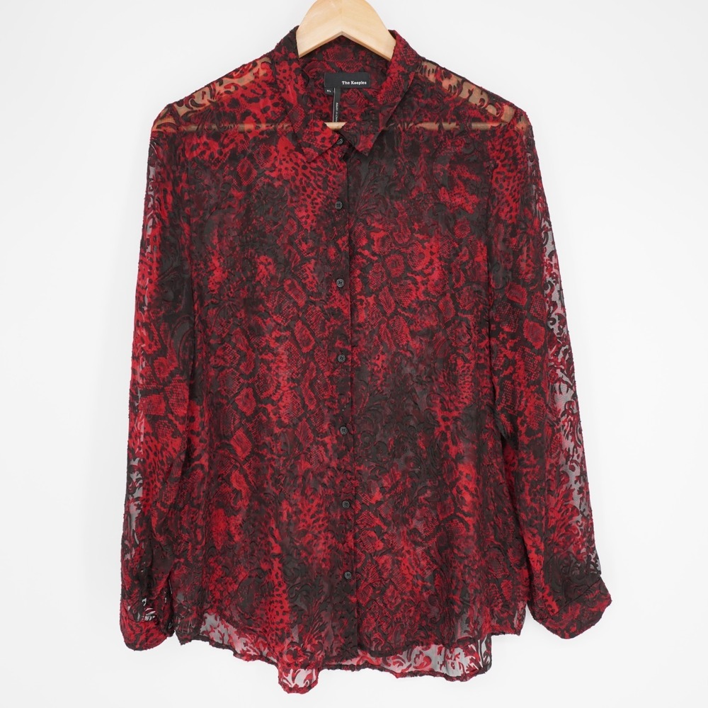 The Kooples Silk Blend Blouse Womens XL Red Burnout Sheer Button Up Whimsigoth